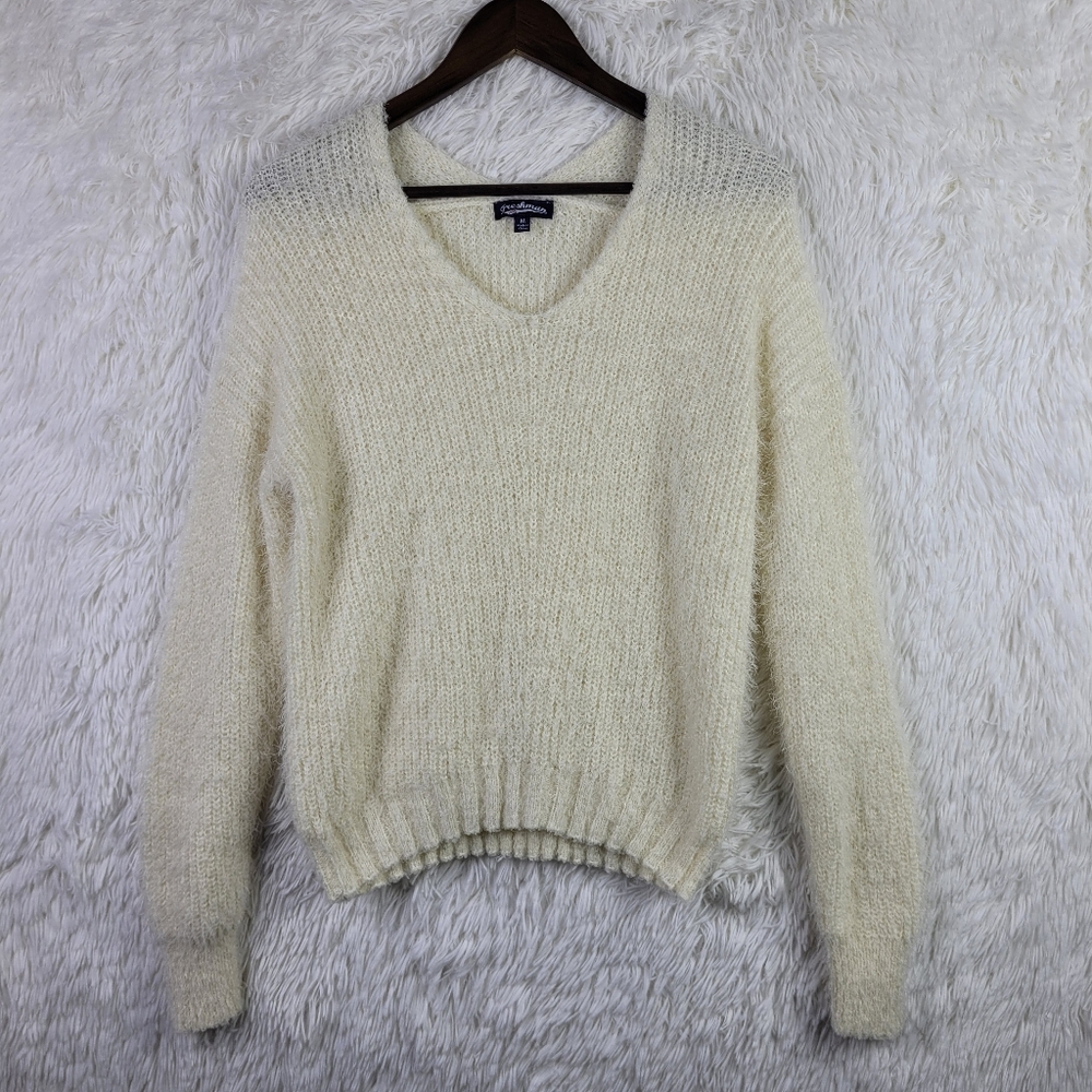 Freshman 1996 Medium Cream Fuzzy Crochet Knit Sweater Coquette Preppy